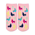 A pair of pink ankle socks with a fun pattern. The design includes colorful llamas, cacti, and stars.
