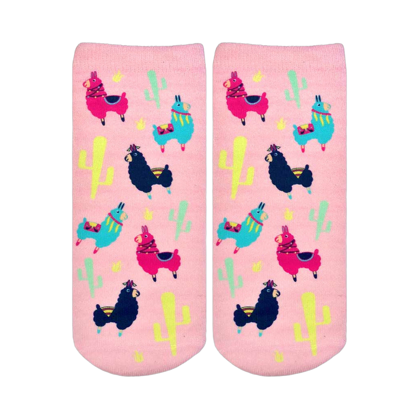 A pair of pink ankle socks with a fun pattern. The design includes colorful llamas, cacti, and stars.