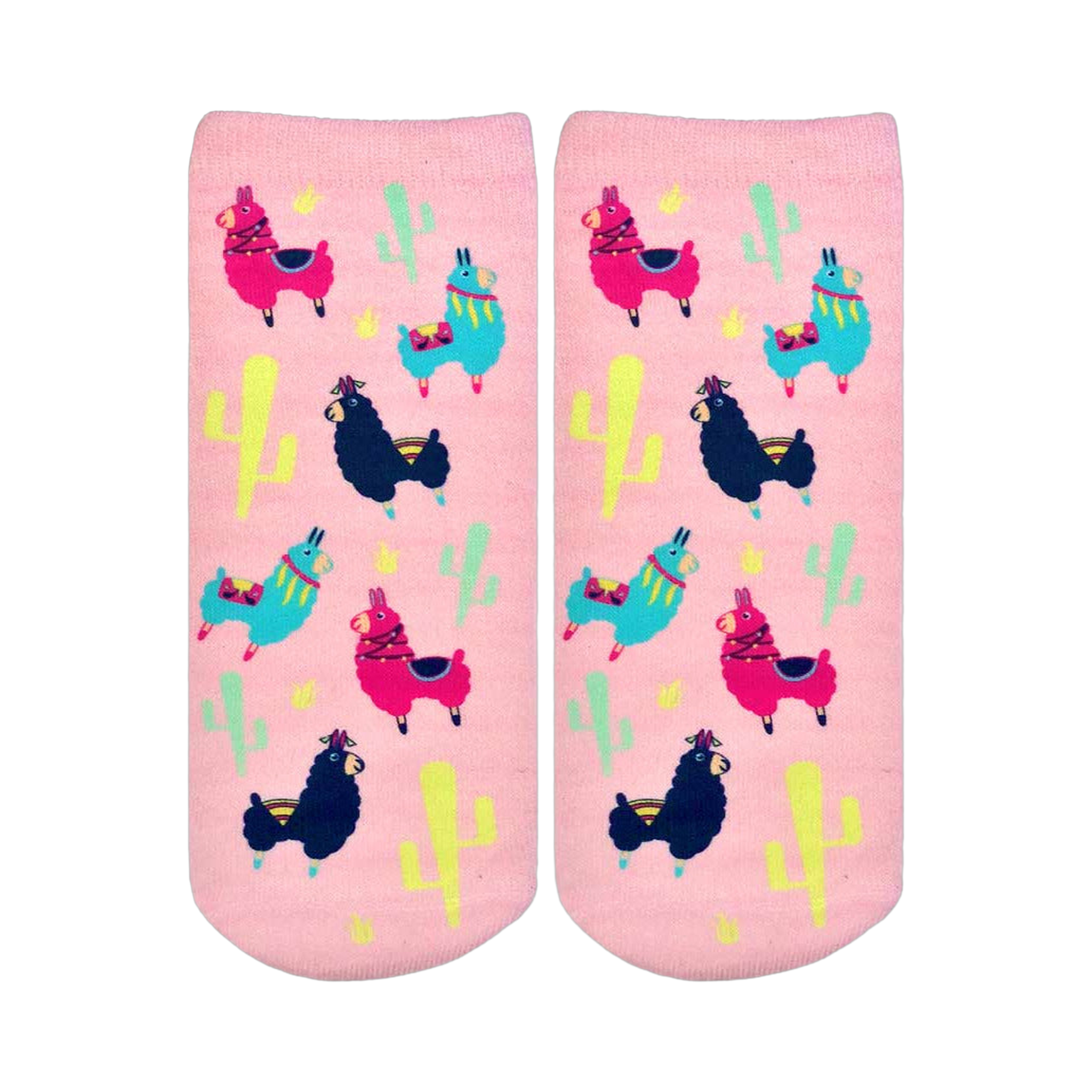 A pair of pink ankle socks with a fun pattern. The design includes colorful llamas, cacti, and stars.