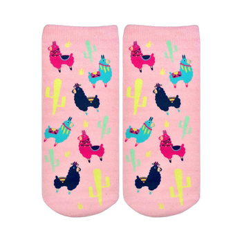 A pair of pink ankle socks with a fun pattern. The design includes colorful llamas, cacti, and stars.