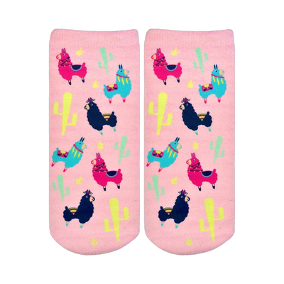 A pair of pink ankle socks with a fun pattern. The design includes colorful llamas, cacti, and stars.