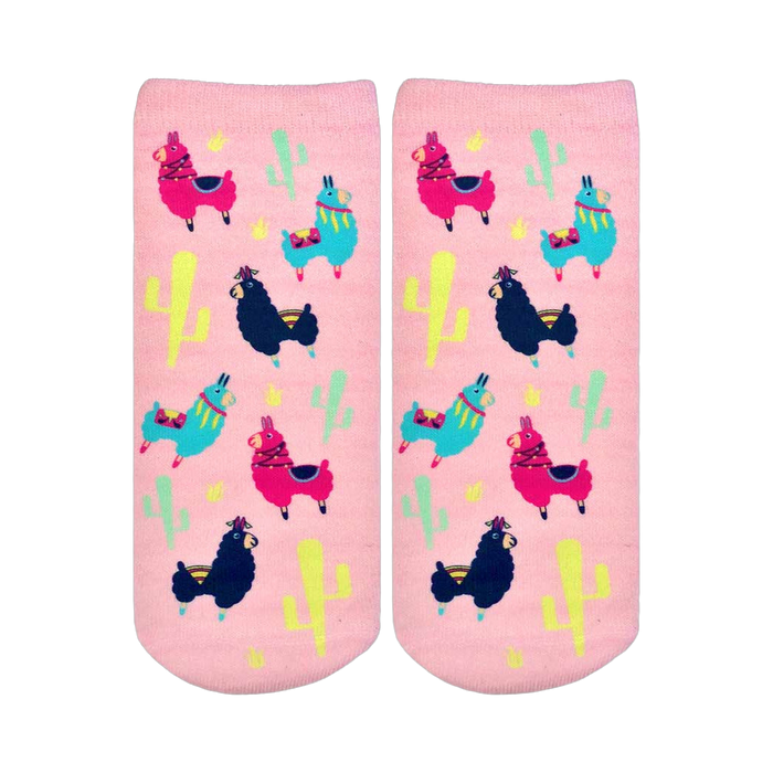 A pair of pink ankle socks with a fun pattern. The design includes colorful llamas, cacti, and stars. }}