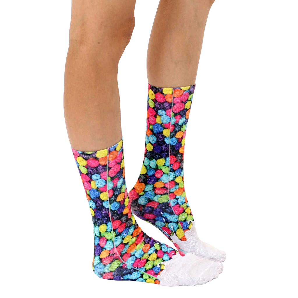 Lifestyle shot of a person wearing the cereal socks, showcasing how they look when worn. [lf]