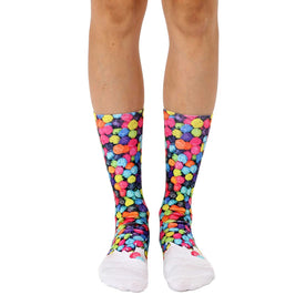 colorful ball-shaped cereal pieces adorn these crew-length cotton blend socks, perfect for men and women.   