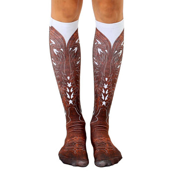 knee high white socks with photorealistic print of brown cowboy boots.  