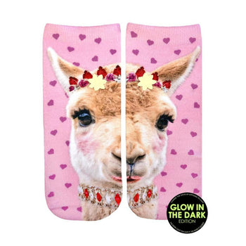 pink ankle socks featuring a llama wearing a gold crown and necklace, with hearts surrounding it.  