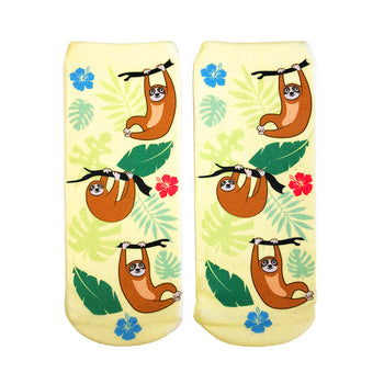 fun, light-hearted tree sloths pattern. ankle-high socks for a cheerful splash of energy.  