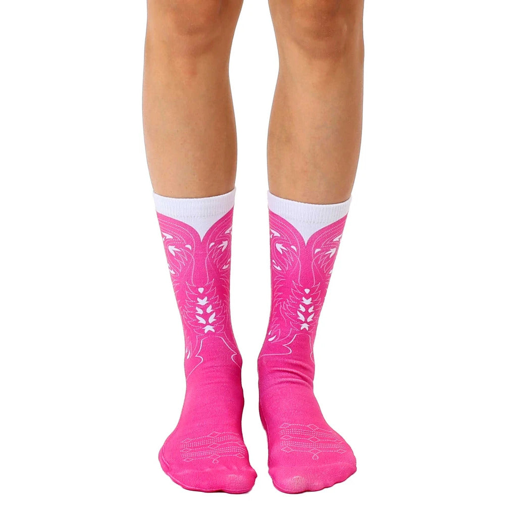 Pair of pink crew socks with a white cowboy boot design.  Fun and stylish! [lf]
