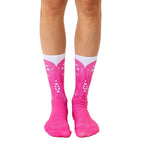Pair of pink crew socks with a white cowboy boot design.  Fun and stylish! [lf]