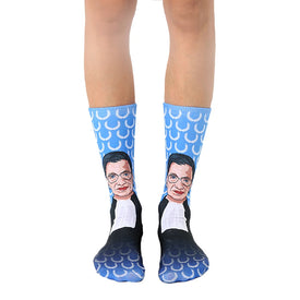 ruth bader ginsburg crew socks: blue unisex crew socks feature a pattern of rbg's face and laurel wreath.   