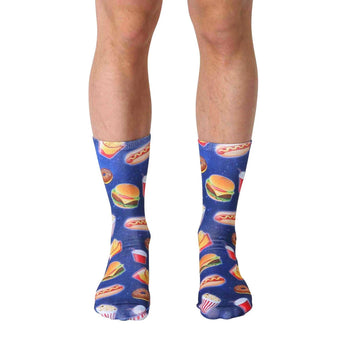 blue crew length socks with various fast food items pattern. perfect for men and women.   