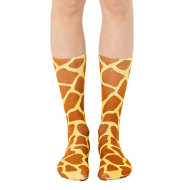 giraffe print pattern mid-calf crew socks available in sizes for men and women.   