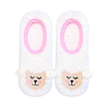 Pair of white fuzzy slipper socks with embroidered lamb faces and pink trim. Non-skid soles.
