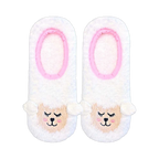 Pair of white fuzzy slipper socks with embroidered lamb faces and pink trim. Non-skid soles.