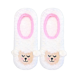 Pair of white fuzzy slipper socks with embroidered lamb faces and pink trim. Non-skid soles.