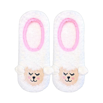 Pair of white fuzzy slipper socks with embroidered lamb faces and pink trim. Non-skid soles.