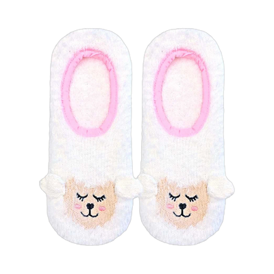Pair of white fuzzy slipper socks with embroidered lamb faces and pink trim. Non-skid soles.