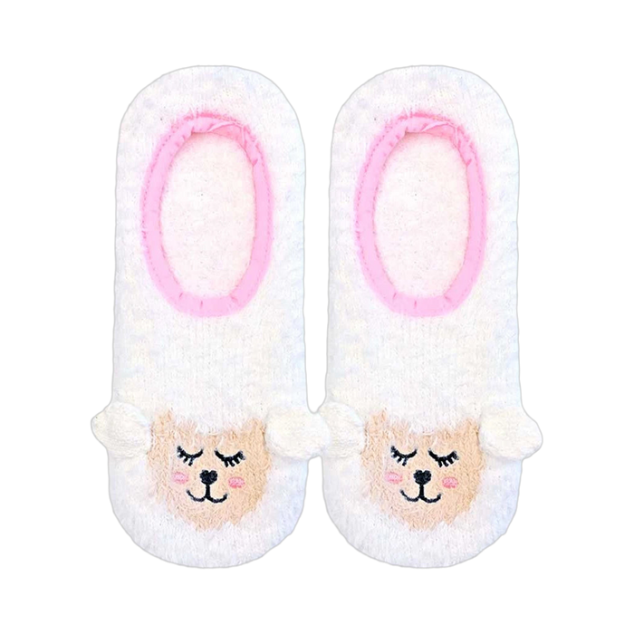 Pair of white fuzzy slipper socks with embroidered lamb faces and pink trim. Non-skid soles.