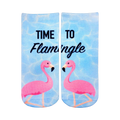 Crew socks with a light blue pool background, pink flamingos, and the text 'Time To Flamingle'.