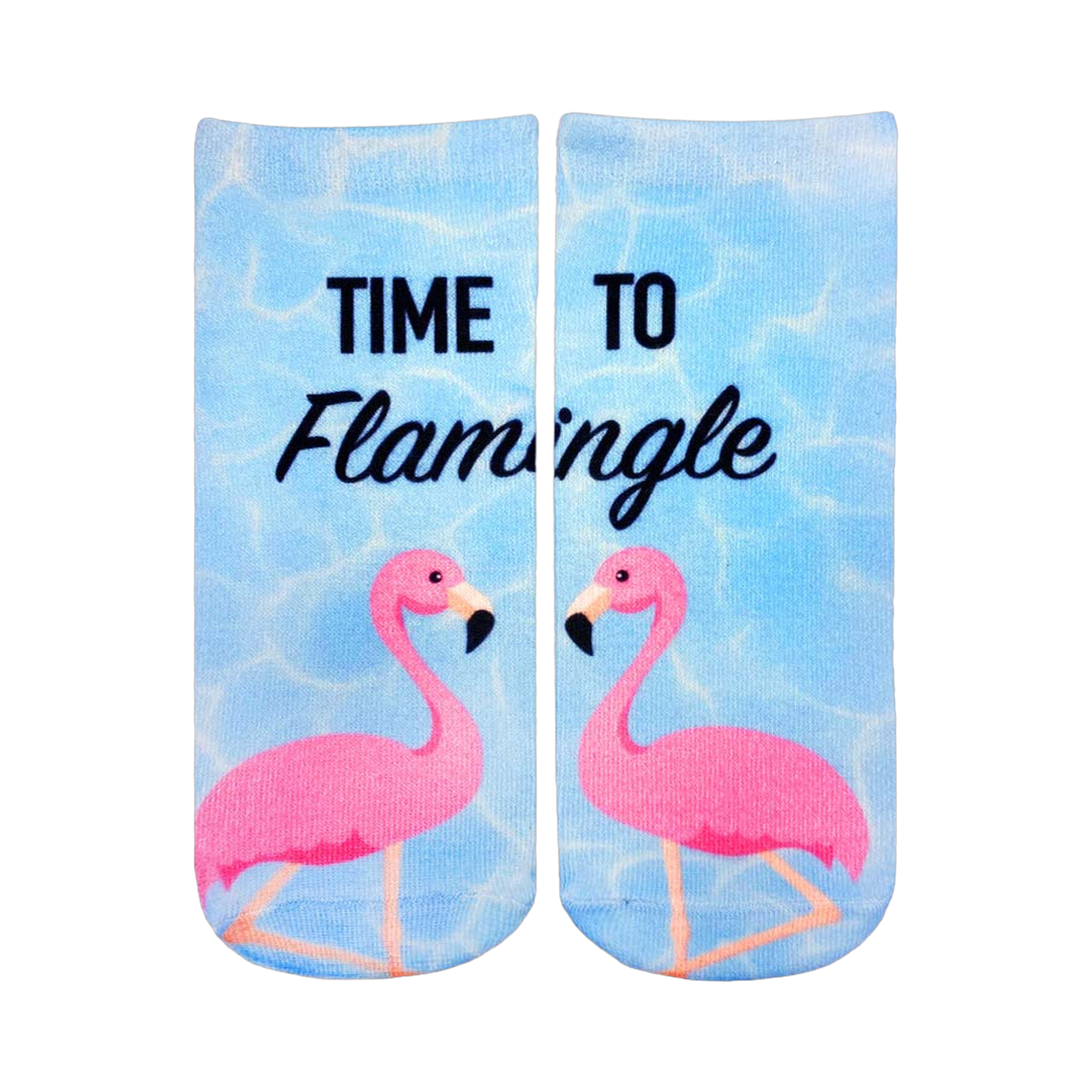 Crew socks with a light blue pool background, pink flamingos, and the text 'Time To Flamingle'.