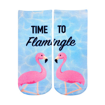 flamingo-themed ankle socks for women, featuring "time to flamingle" slogan.   