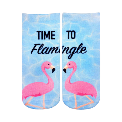 Crew socks with a light blue pool background, pink flamingos, and the text 'Time To Flamingle'.