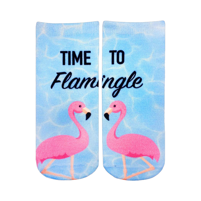 Crew socks with a light blue pool background, pink flamingos, and the text 'Time To Flamingle'. }}