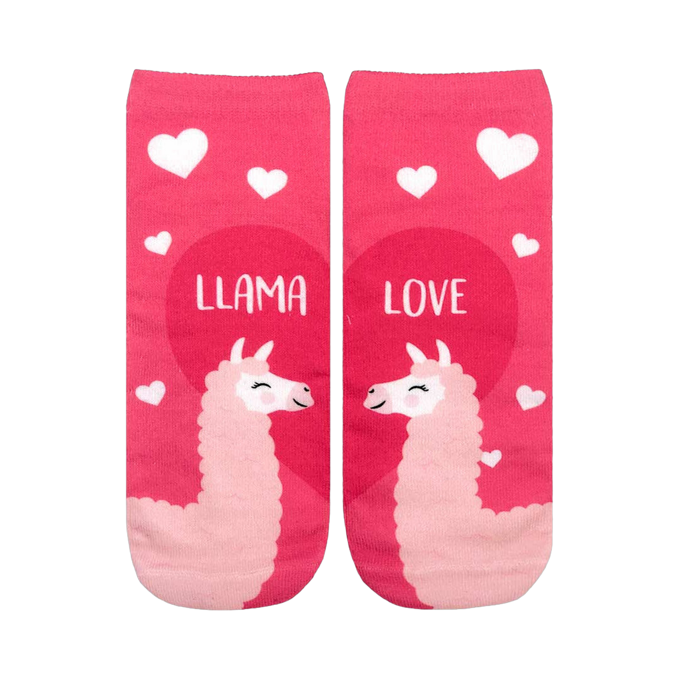 Crew socks in pink with a fun design. Two llamas nuzzle each other inside a heart, surrounded by smaller hearts. Text reads 'Llama Love'.