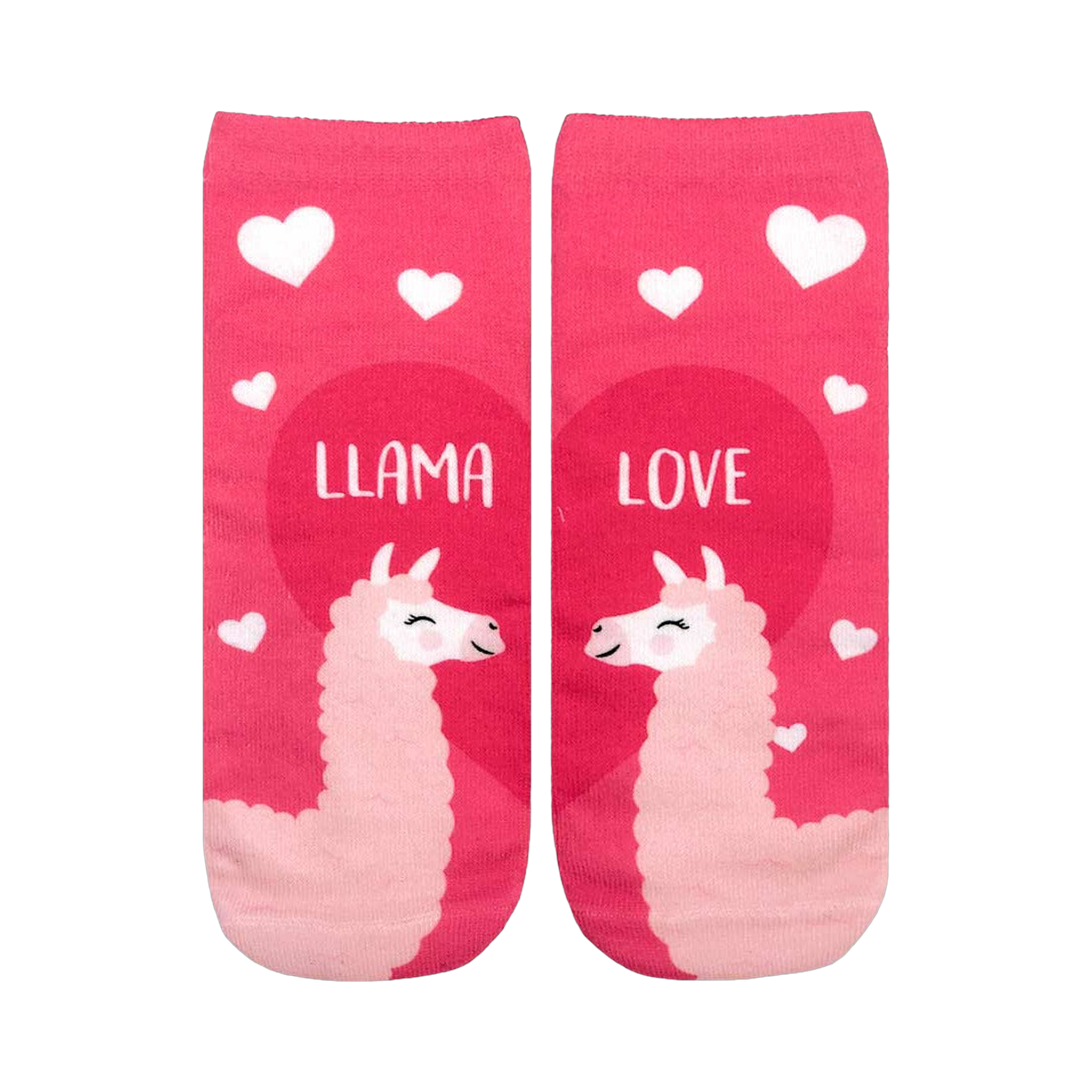 Crew socks in pink with a fun design. Two llamas nuzzle each other inside a heart, surrounded by smaller hearts. Text reads 'Llama Love'.