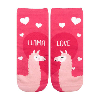pink ankle socks featuring cartoon llamas and ''llama love'' text.  