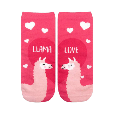 Crew socks in pink with a fun design. Two llamas nuzzle each other inside a heart, surrounded by smaller hearts. Text reads 'Llama Love'.