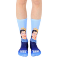 A pair of women's crew socks in light blue and navy blue. The socks feature a portrait of Ruth Bader Ginsburg wearing a crown. [lf]