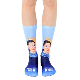 blue crew socks with ruth bader ginsburg portrait and 'notorious rbg' text. available for men and women.   