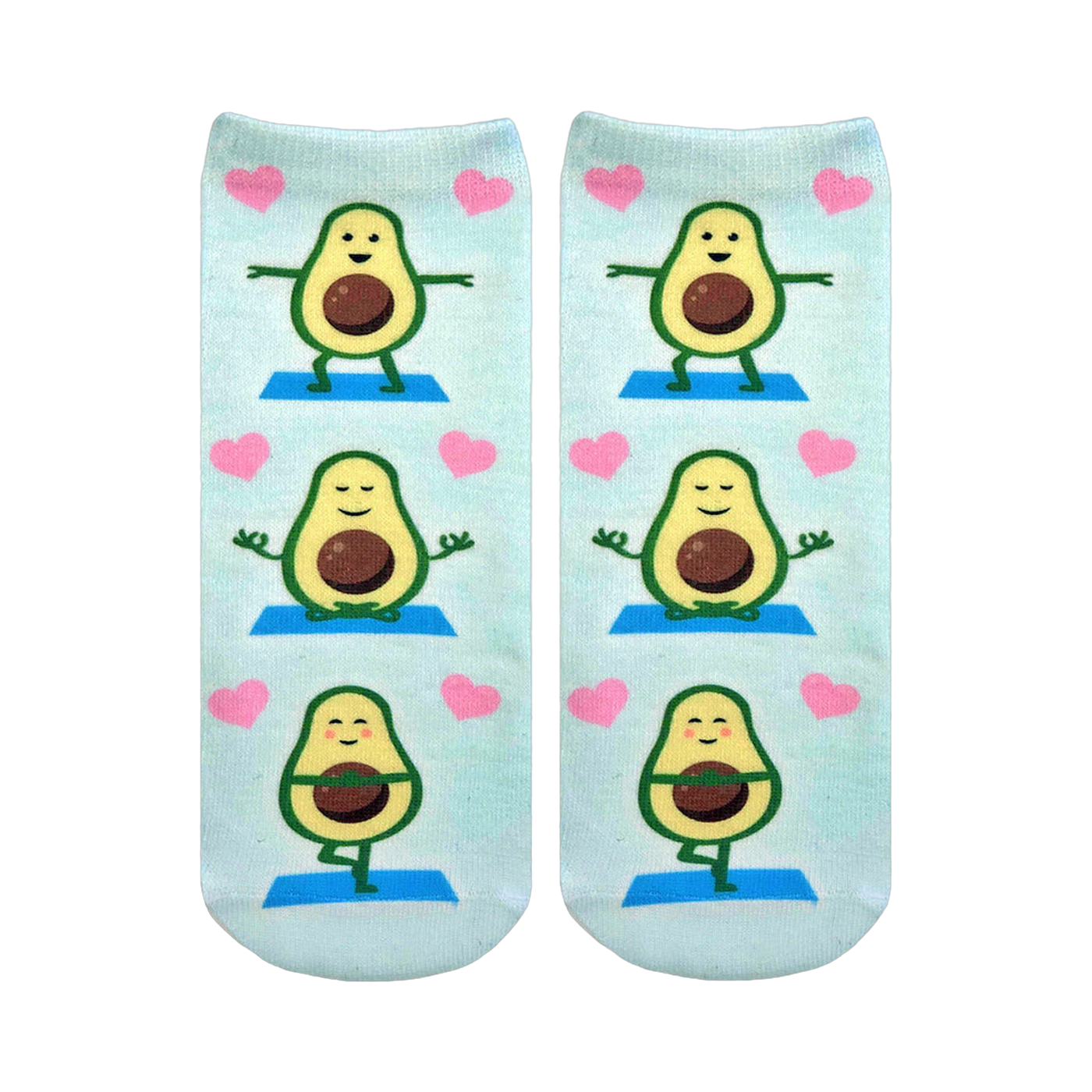 Pair of light blue ankle socks featuring repeating illustrations of cartoon avocados doing yoga poses and surrounded by pink hearts.