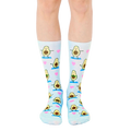 Pair of light blue crew socks with a repeating pattern of cartoon avocados doing yoga poses and pink hearts. [lf]