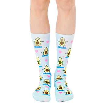  women's avocado yoga novelty socks with pink yoga pants, green avocados, and hearts on blue background.  