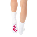 Back view of white fuzzy llama slipper socks, showcasing the pink non-slip grip. [lf]