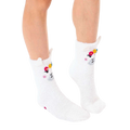 Pair of white fuzzy llama slipper socks.  Features embroidered llama faces with flower crowns and pink non-skid grips. [lf]