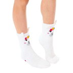 Pair of white fuzzy llama slipper socks.  Features embroidered llama faces with flower crowns and pink non-skid grips. [lf]
