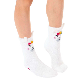 white fuzzy llama non-skid crew slipper socks with pink cheeks and flower crowns.  
