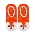 Pair of orange fuzzy slipper socks with adorable fox faces. White accents on the face and a pink interior.
