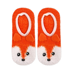 Pair of orange fuzzy slipper socks with adorable fox faces. White accents on the face and a pink interior.