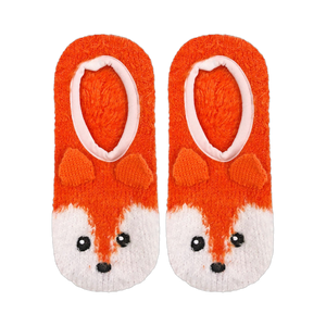 Pair of orange fuzzy slipper socks with adorable fox faces. White accents on the face and a pink interior.