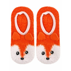 fuzzy orange and white socks with non-skid sole featuring fox face design.   