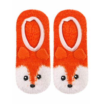 fuzzy orange and white socks with non-skid sole featuring fox face design.   