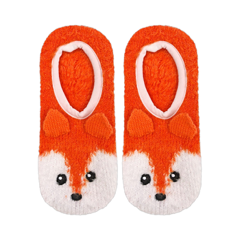 Pair of orange fuzzy slipper socks with adorable fox faces. White accents on the face and a pink interior.