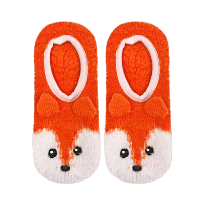 Pair of orange fuzzy slipper socks with adorable fox faces. White accents on the face and a pink interior.