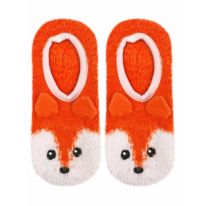 fuzzy orange and white socks with non-skid sole featuring fox face design.   