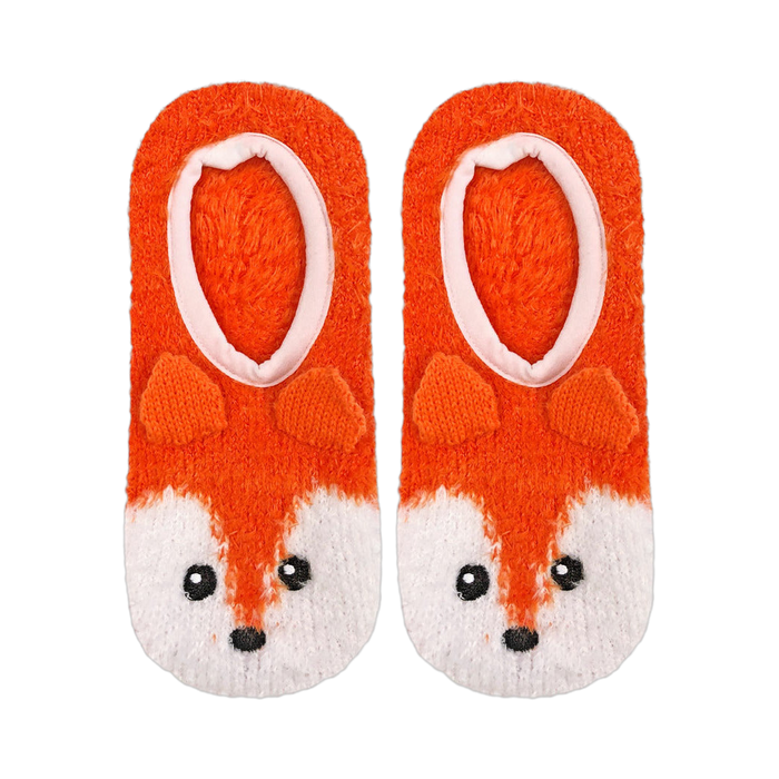 Pair of orange fuzzy slipper socks with adorable fox faces. White accents on the face and a pink interior.