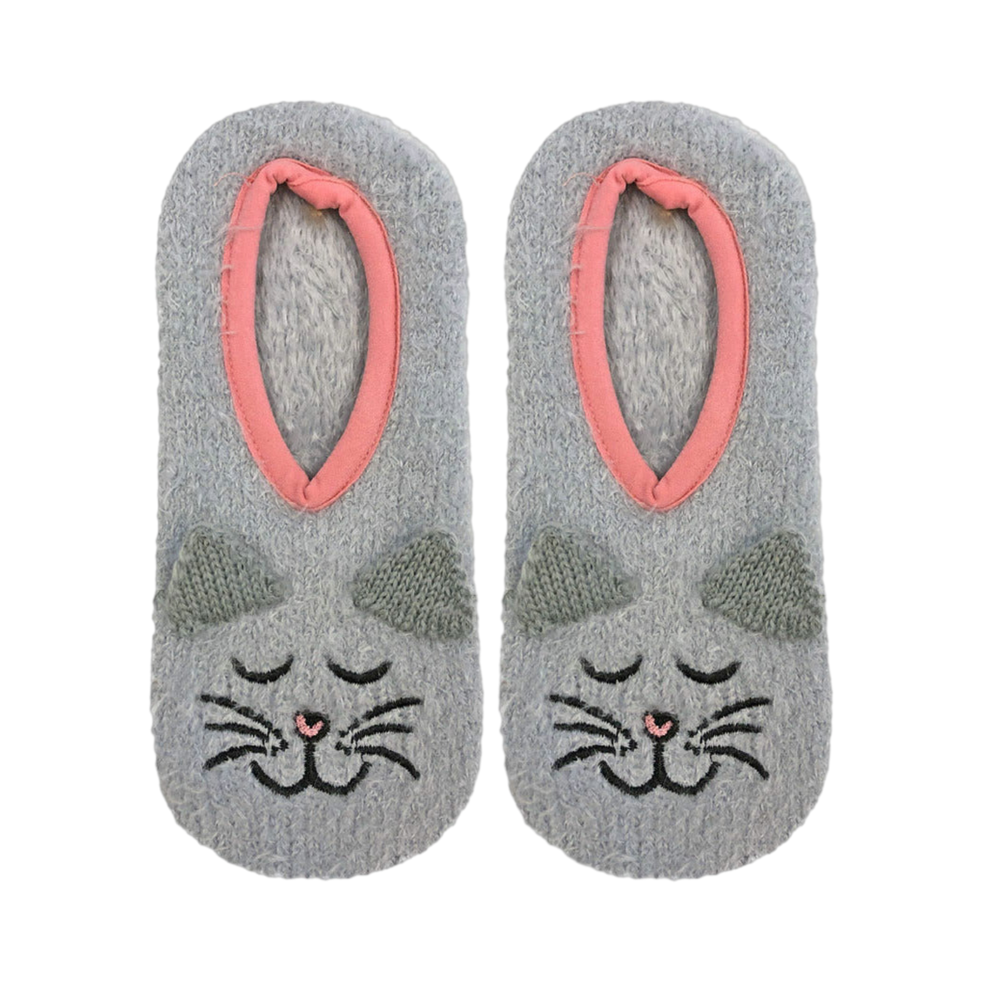 Flat lay product shot of a pair of grey fuzzy cat slipper socks with pink trim.
